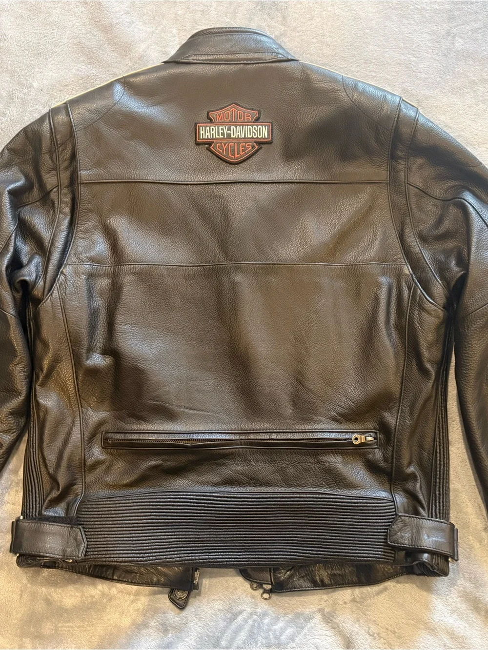 Harley-Davidson Black Leather Jacket with Orange and Cream Racing Stripes